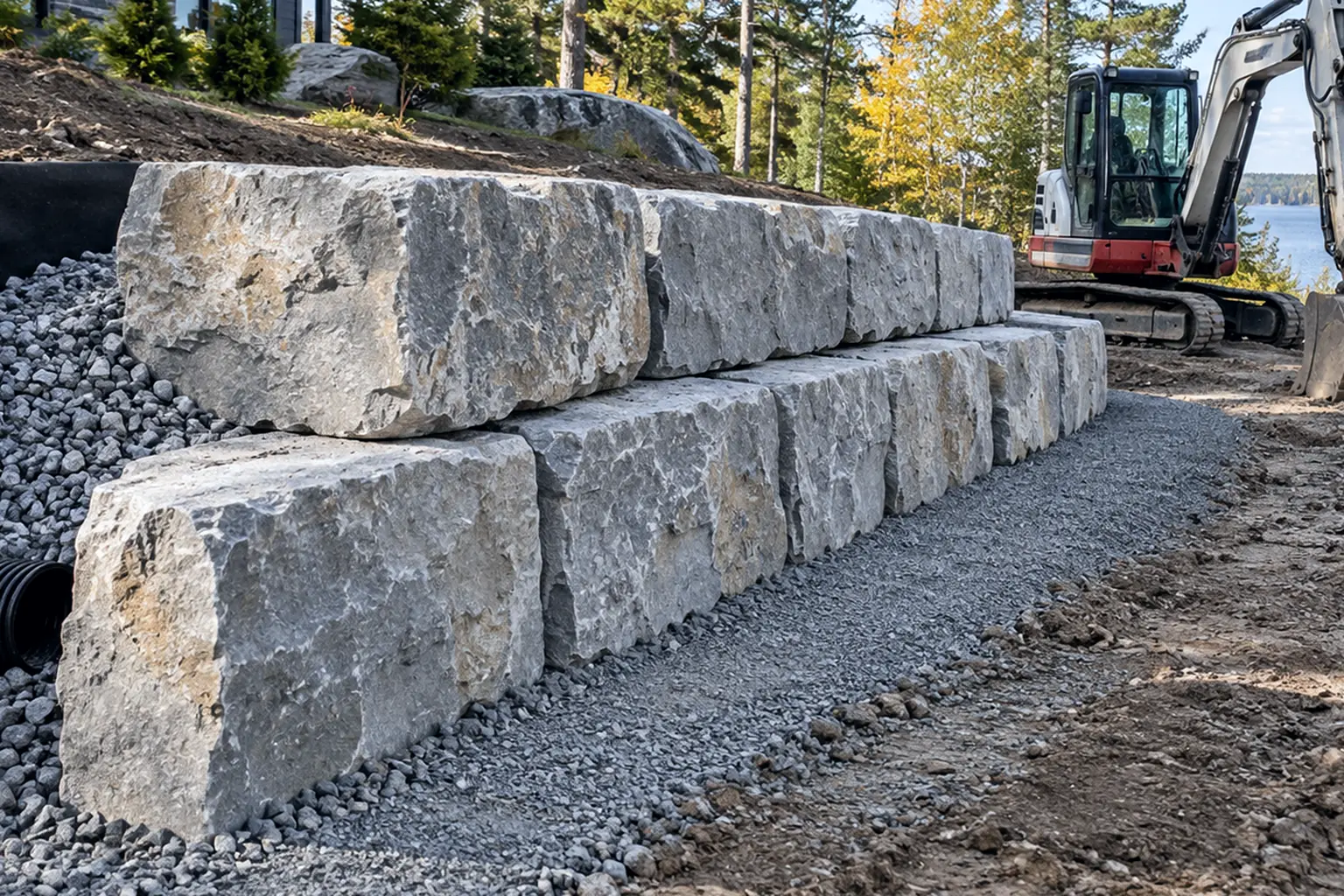 Excavator setting large armour stone blocks on a crushed stone base with a perforated drain pipe behind the wall