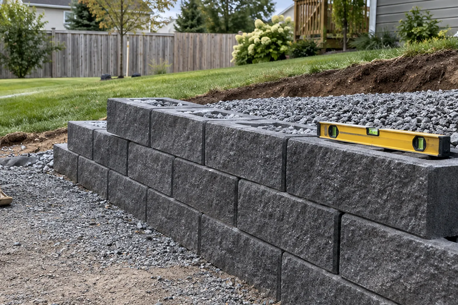 Level checking the base course of a grey block retaining wall with a plate compactor on the gravel base