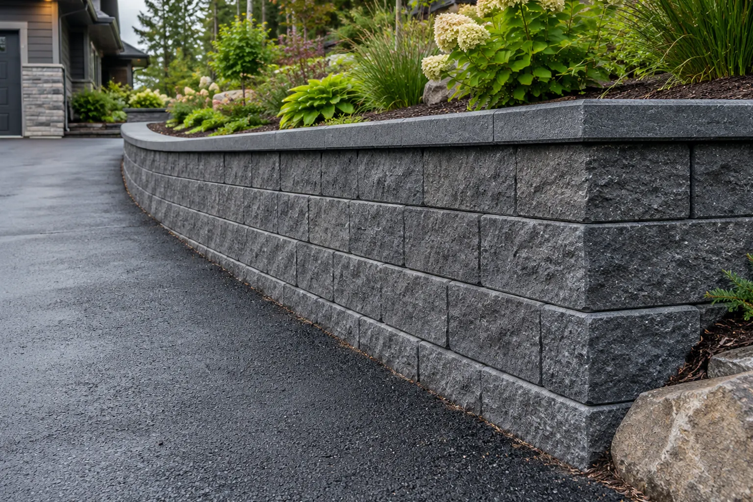 Dark concrete block retaining wall running along a sloped asphalt driveway to a garage