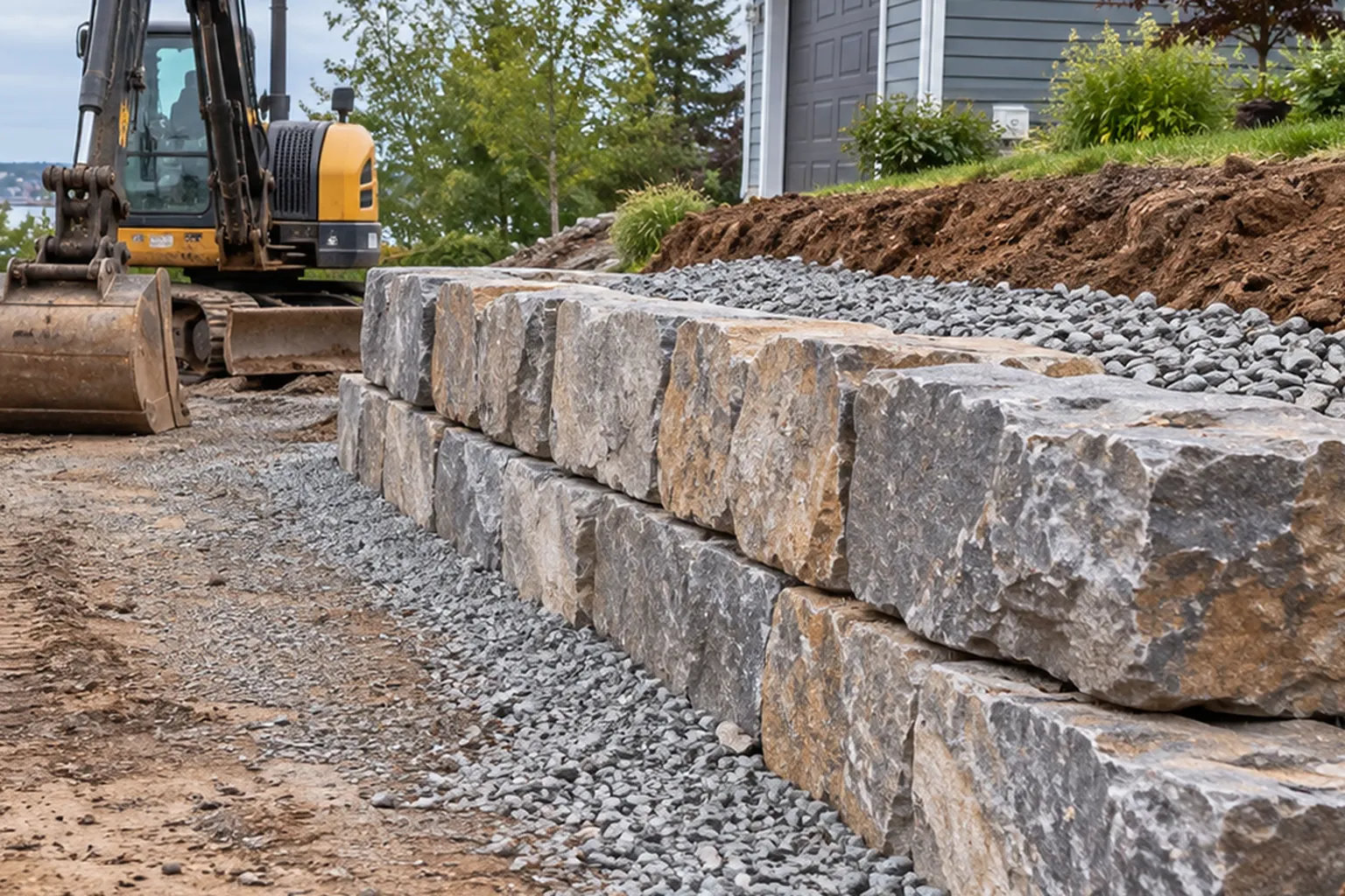 Armour stone driveway wall under construction with drainage stone, perforated pipe and an excavator