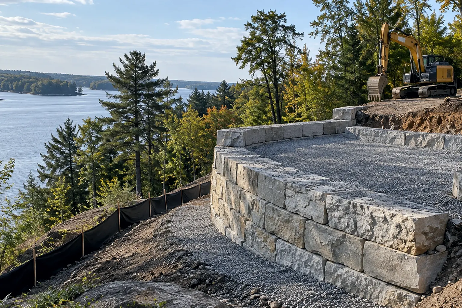 Curved stone retaining wall being built on a slope above open water with silt fencing below