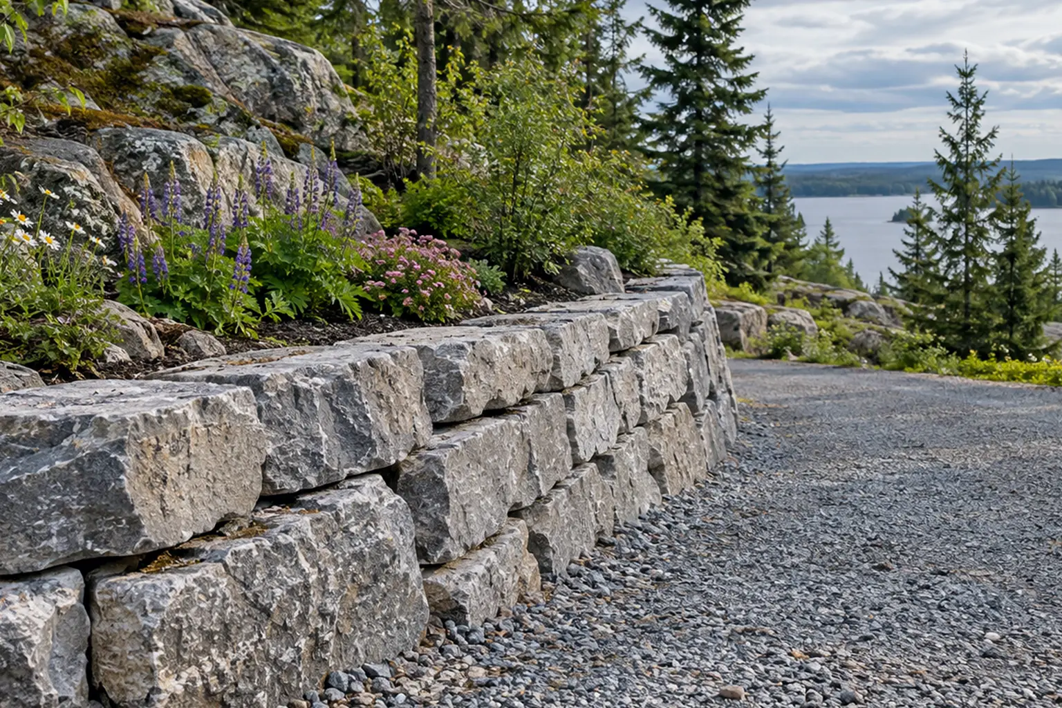 Stone retaining wall beside a gravel path on a hillside overlooking a lake