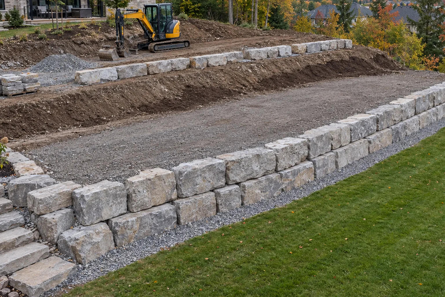 Two-tier armour stone terrace under construction on a sloped lawn with stone steps